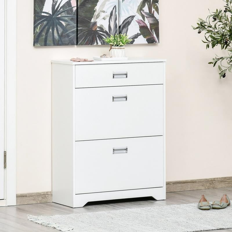 White Shoe Cabinet Bench with Drawers & Flip Doors – Slim Entryway Unit