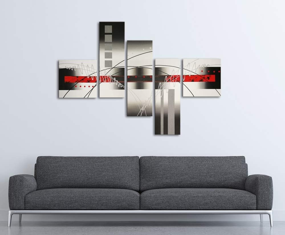 5 Panel Abstract Canvas Wall Art Red Black Modern Framed Set