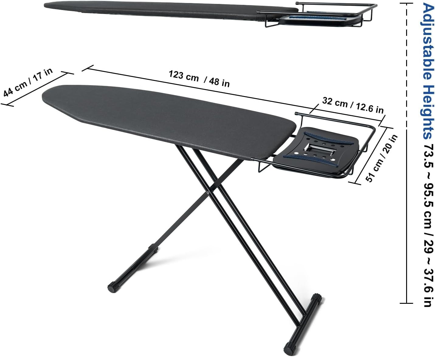 Extra Wide Ironing Board 123x44cm Black Heavy Duty Adjustable Steam Rest