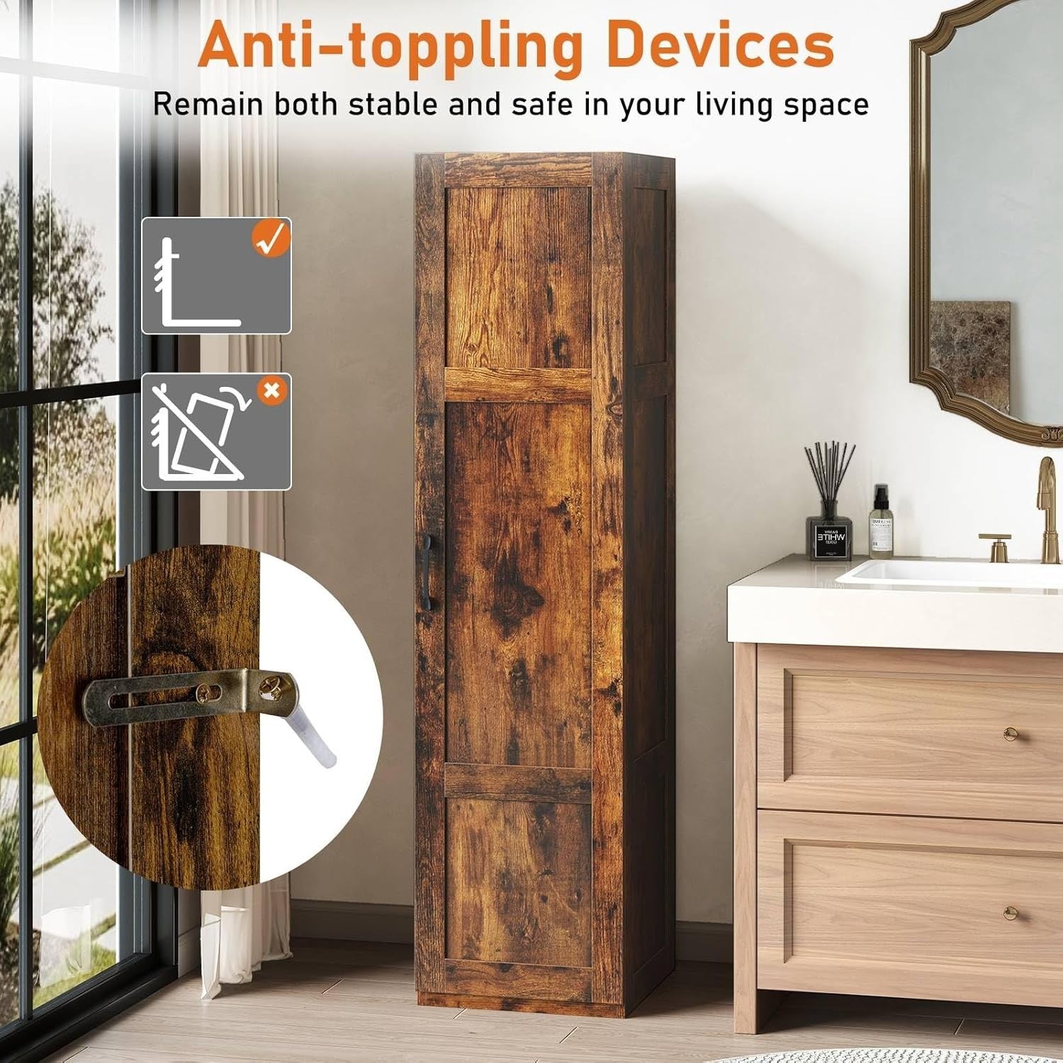 Rustic Brown Tall Kitchen Cupboard 4-Tier 4 Doors 150H