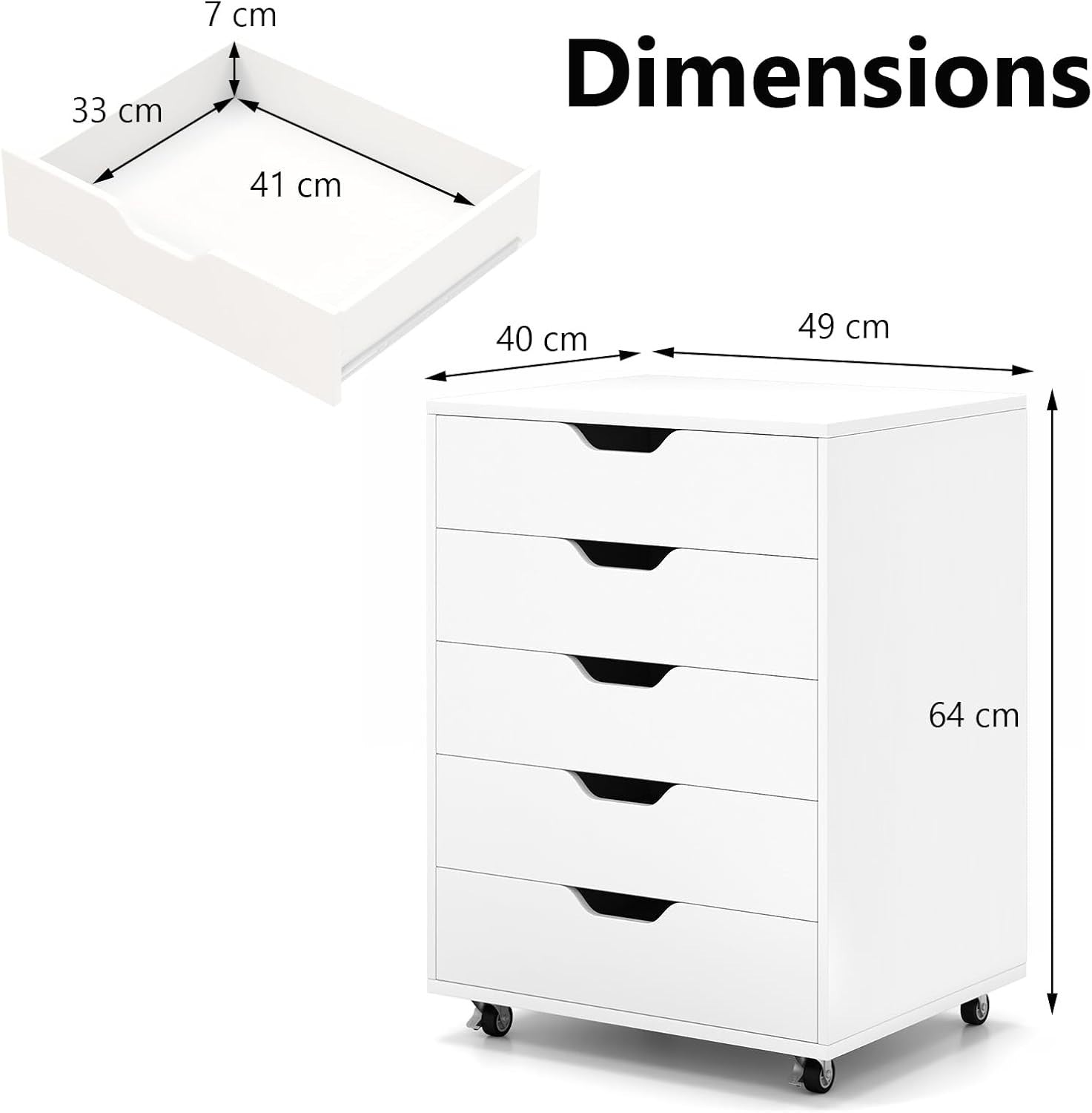 5 Drawer Mobile File Cabinet Rolling Under Desk Storage Lockable Wheels