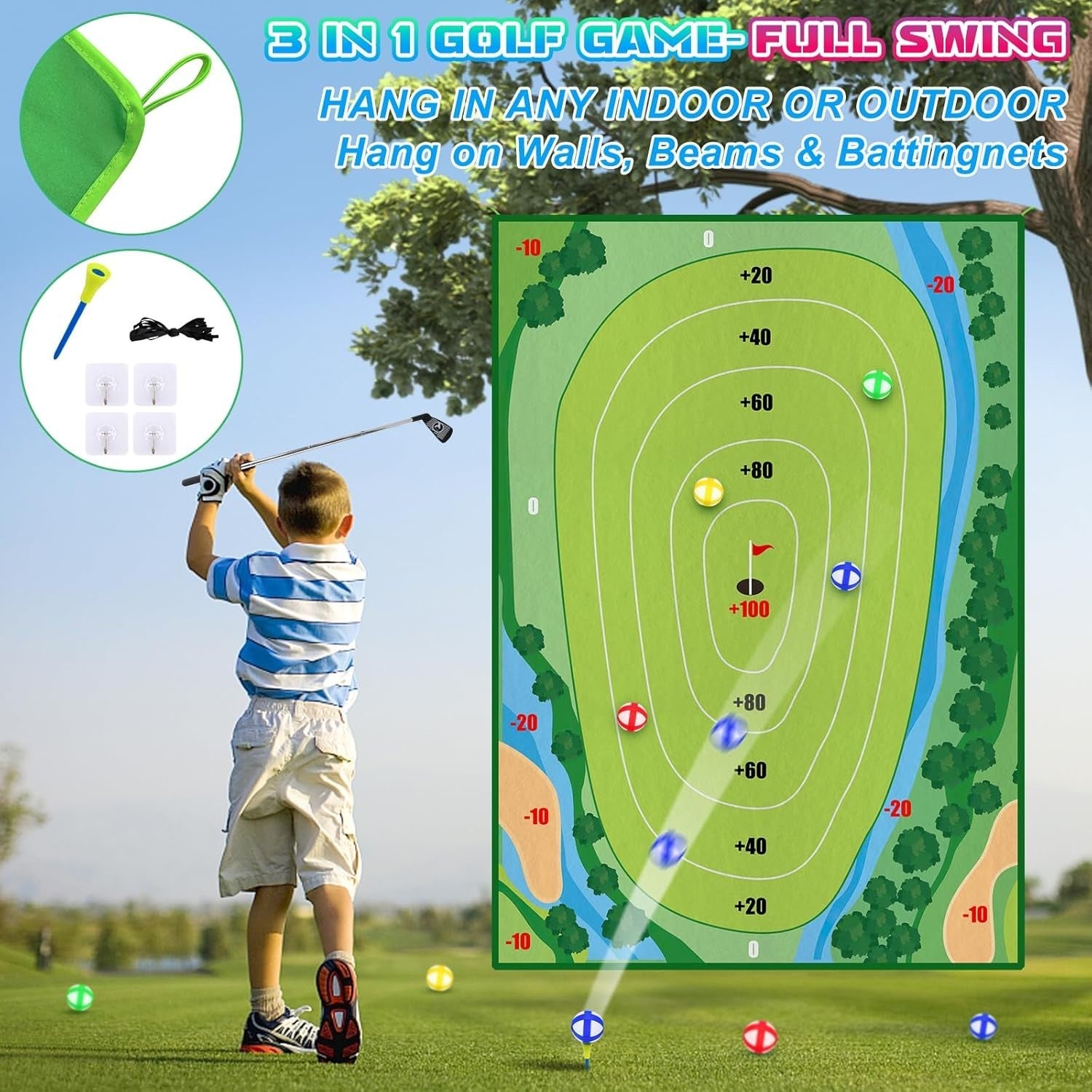Kids Golf Practice Mat Set Indoor Outdoor Game w/ Clubs Balls Targets