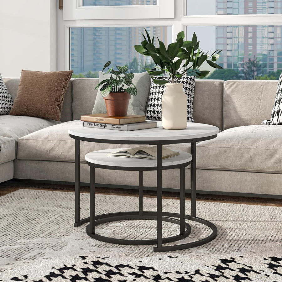 Nesting Coffee Table Black White Round Metal Legs Side End Modern Wood Look