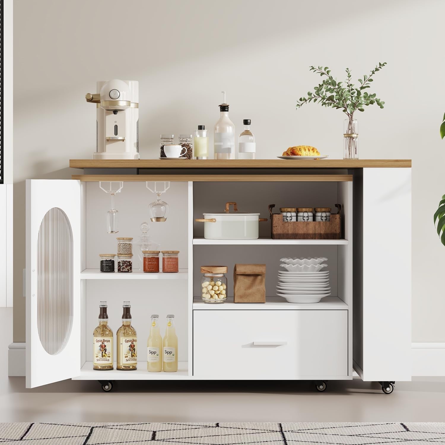 White Modern Kitchen Island on Wheels with 360° Rotating Top, Storage & Drawers