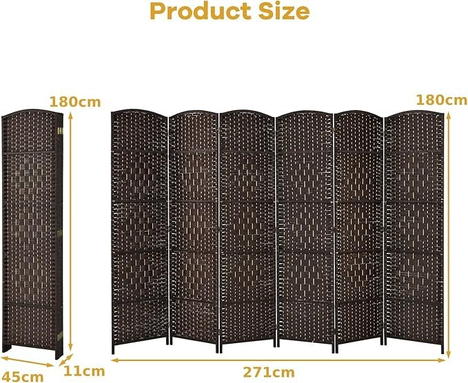 6 Panel Folding Room Divider – Brown Woven Privacy Screen for Bedroom