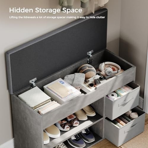 Mondeer Grey Shoe Bench with Storage Drawers & Cushion – Hallway Rack 8 Pairs