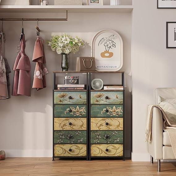 Rustic 5-Drawer Slim Chest Unit with Open Shelf, Space-Saving Bedroom Storage