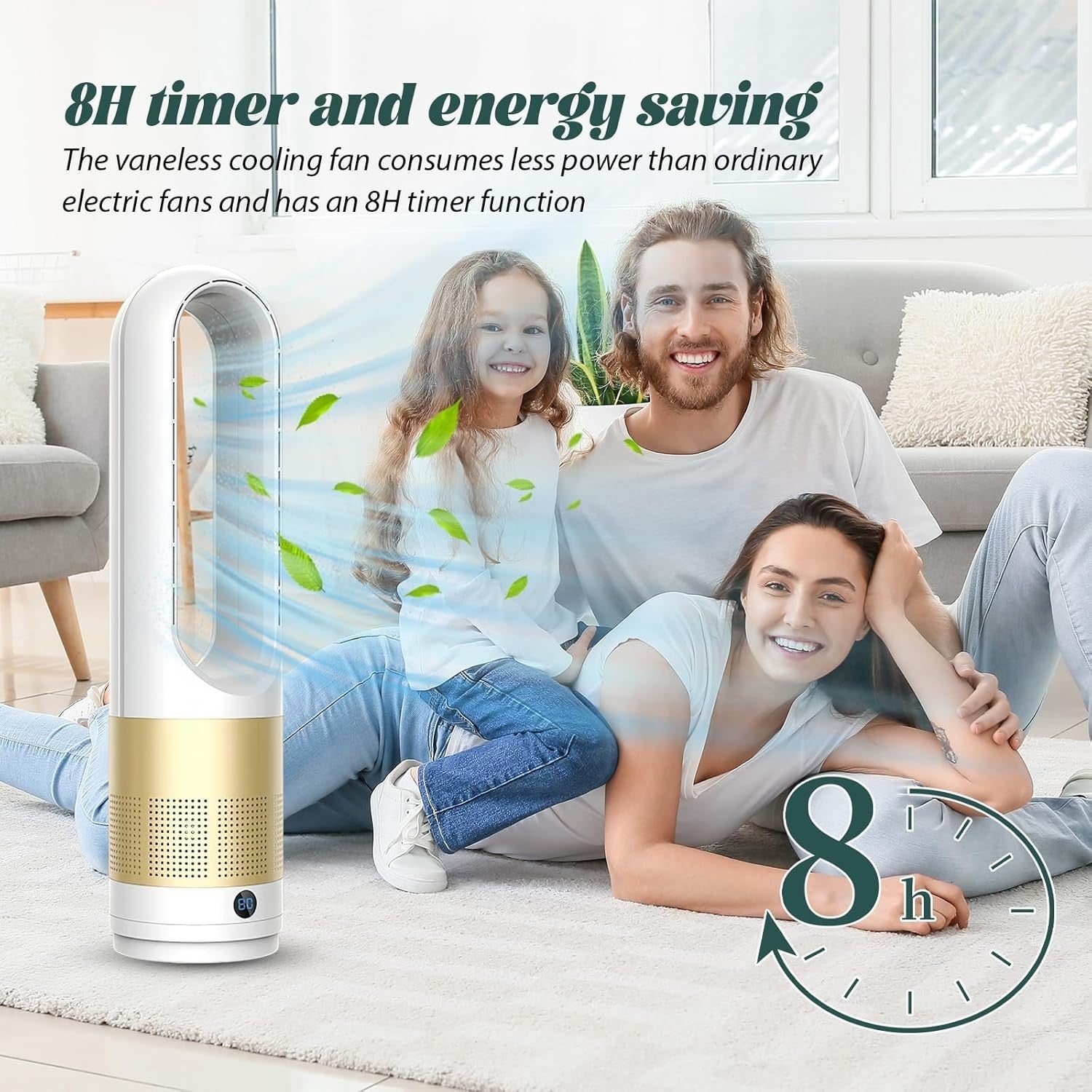 56cm Tower Fan Gold Bladeless Cooling Fan w/ Remote – 8H Timer & Air Purifier