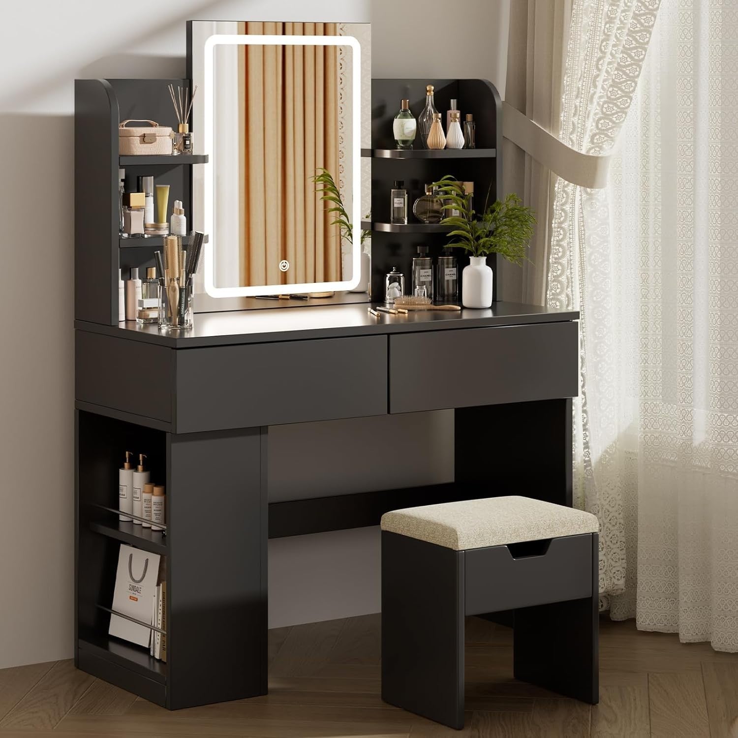 Modern Black Dressing Table Vanity LED Mirror Stool Storage Makeup Desk Wood