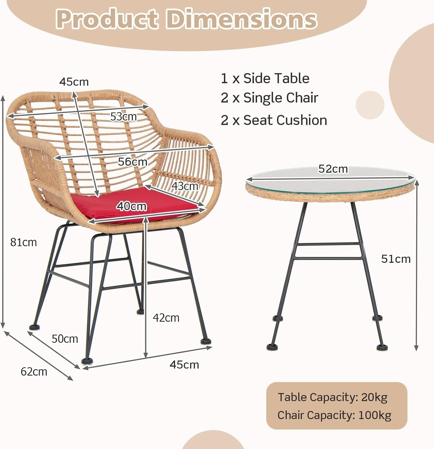 3 Piece Rattan Bistro Set Outdoor Patio Chairs with Glass Table & Cushions
