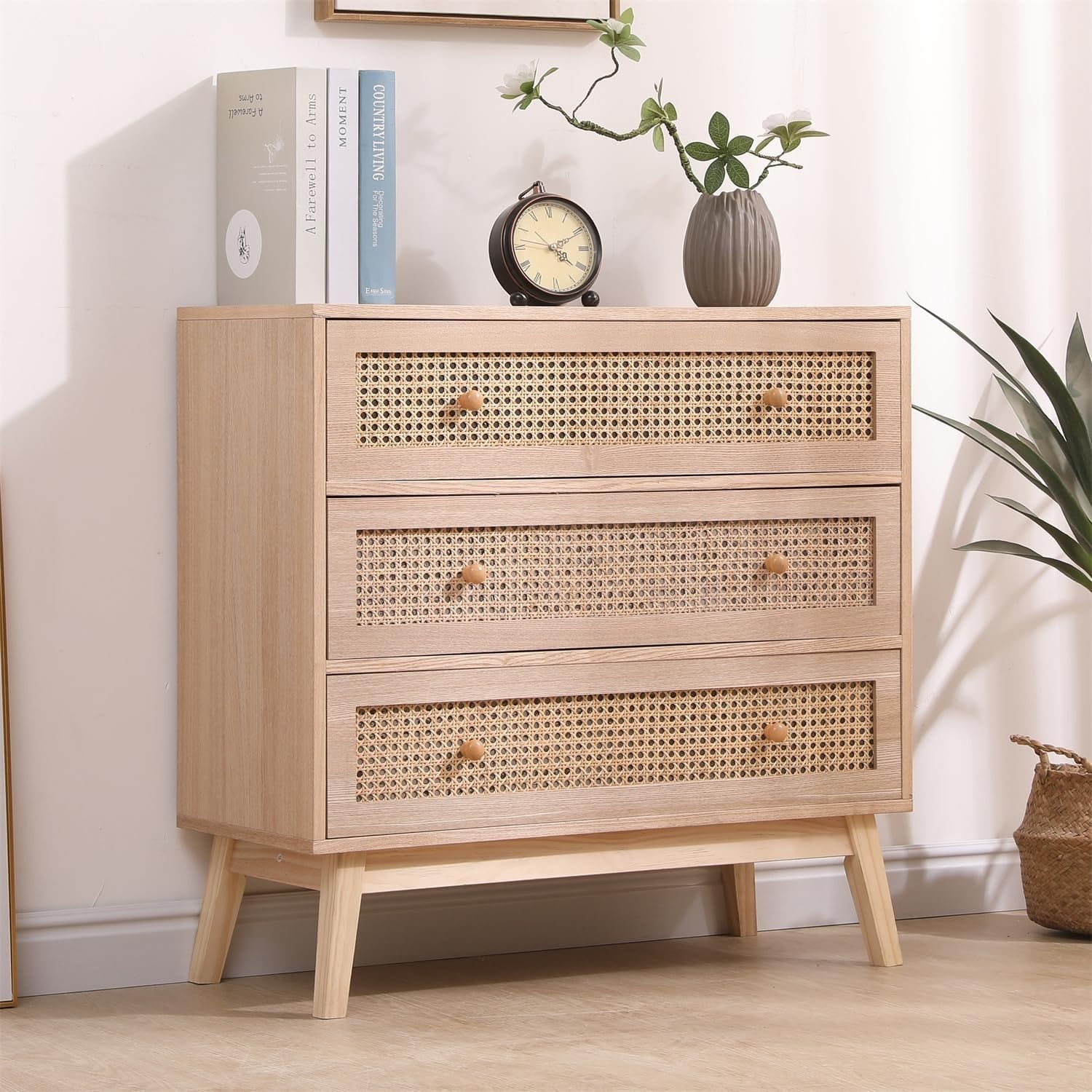 Natural Rattan 3 Drawer Chest Wood Dresser Sideboard Storage Cabinet 80cm