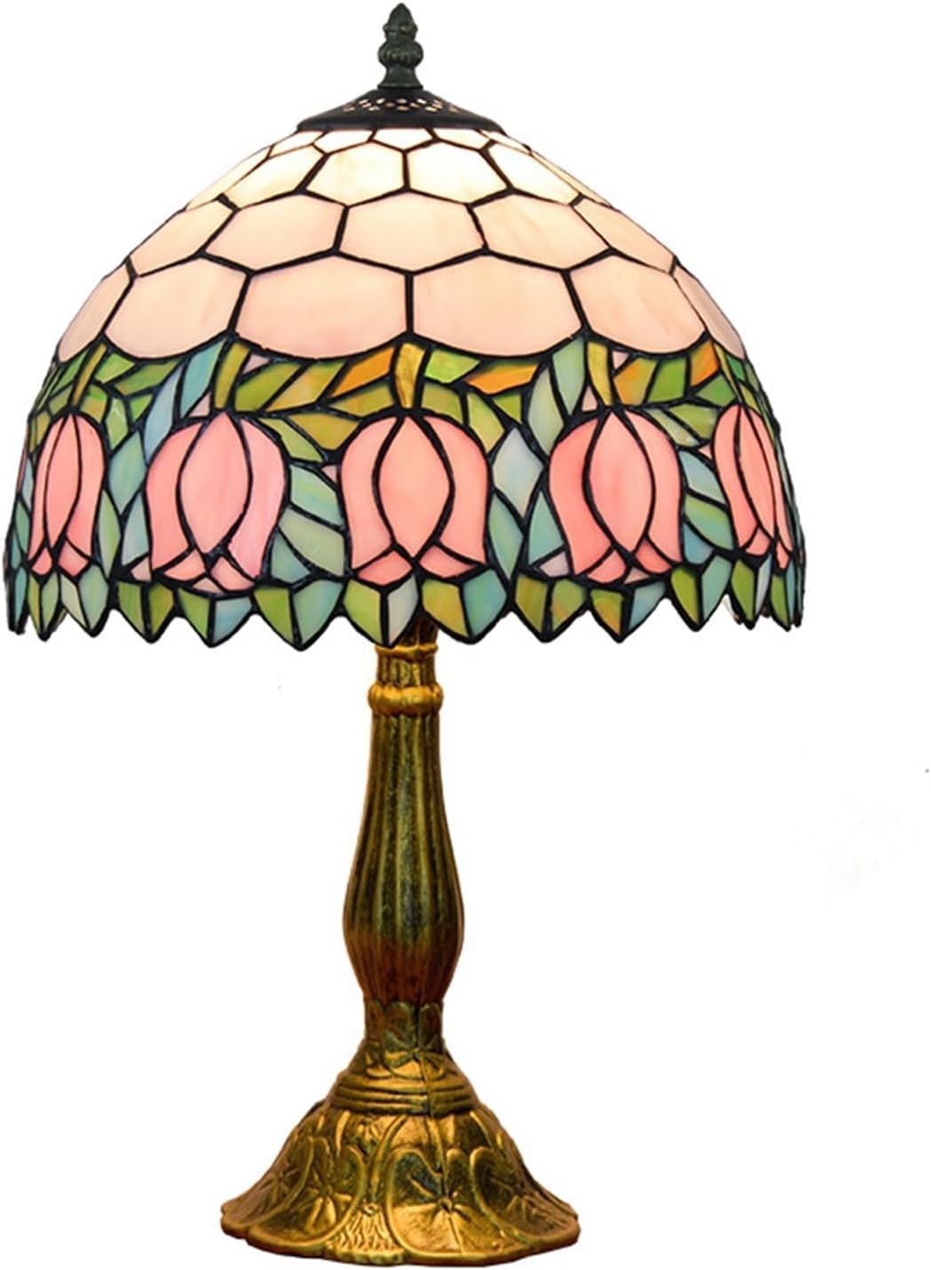 Pink Tulip Tiffany Table Lamp Stained Glass 18" High Bedside Light
