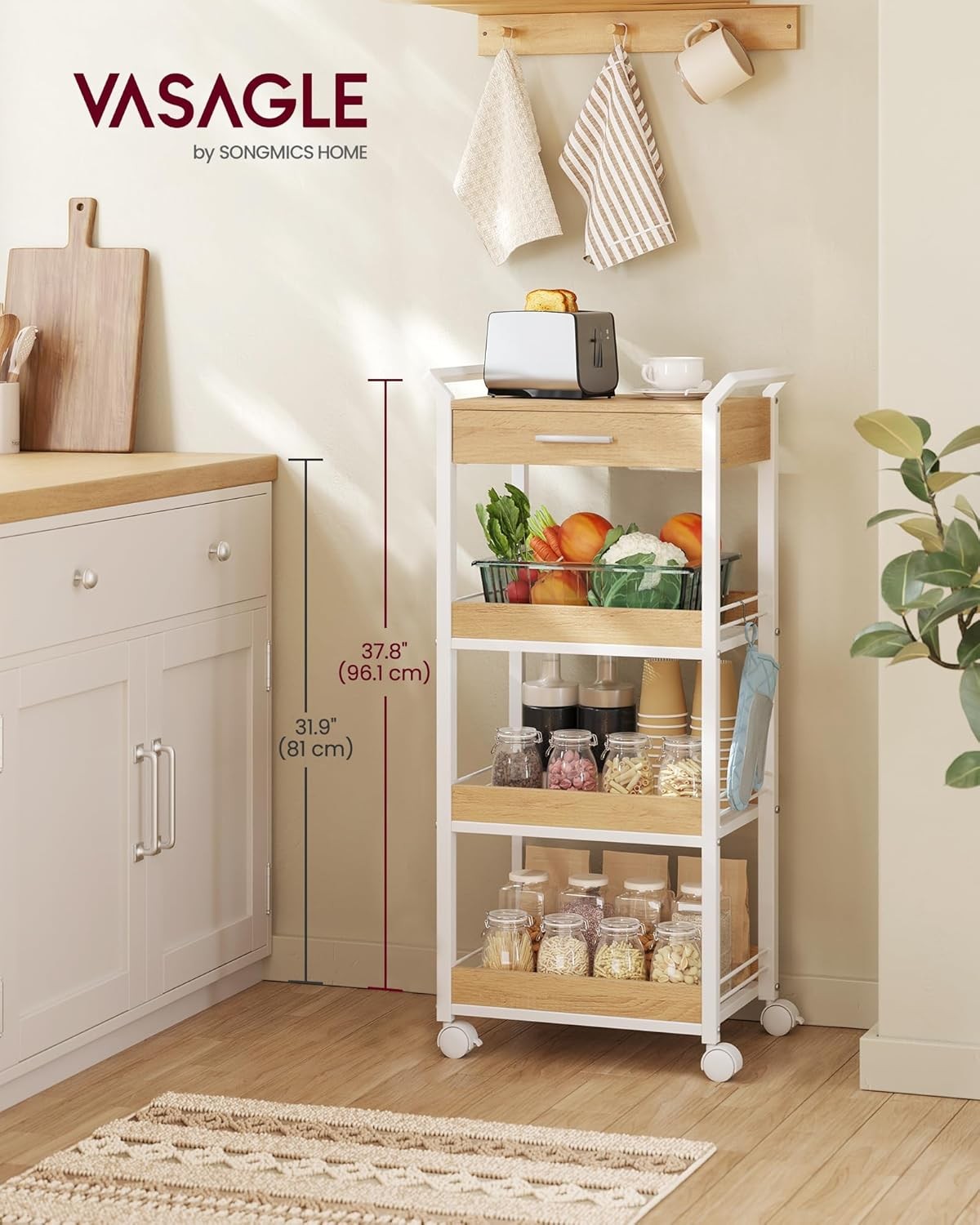 4 Tier Storage Trolley Rolling Cart with Drawer Table Top Mesh Shelves