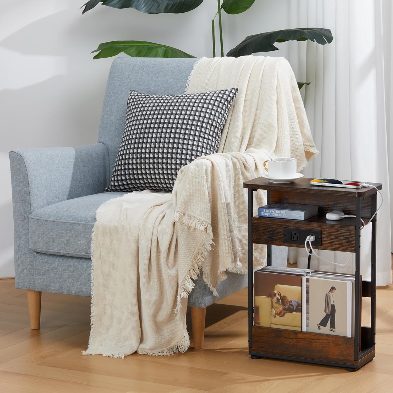 Slim Bedside Table with USB Charging Ports & Storage, Rustic Brown 55cm