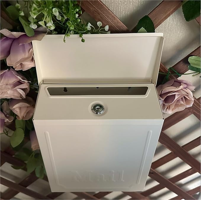 Locking Wall Mount Mailbox Secure Outdoor Post Box with Key Slot & Rain Cover