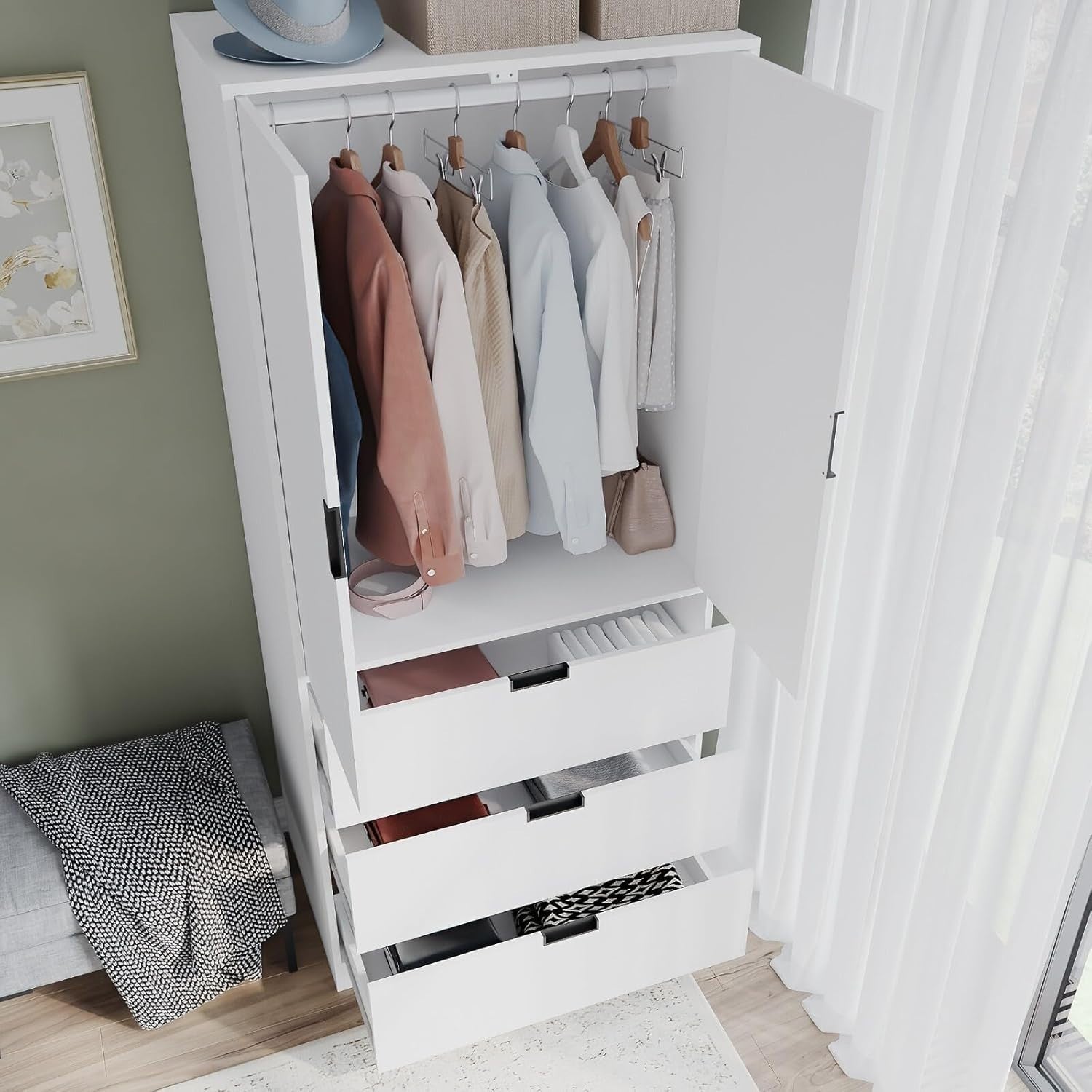 White 2 Door Wardrobe with Drawers | Tall Bedroom Storage Cabinet Unit