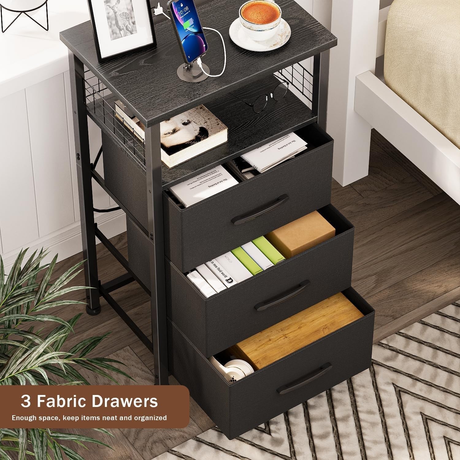 Set of 2 Black LED Bedside Tables with 3 Drawers, USB Ports & Power Outlets
