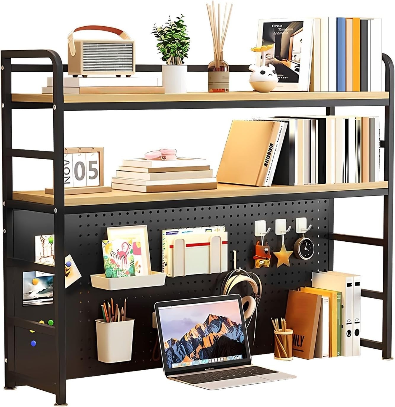 2-Tier Desktop Bookcase Metal/MDF Desk Organizer Shelf 90cm Black