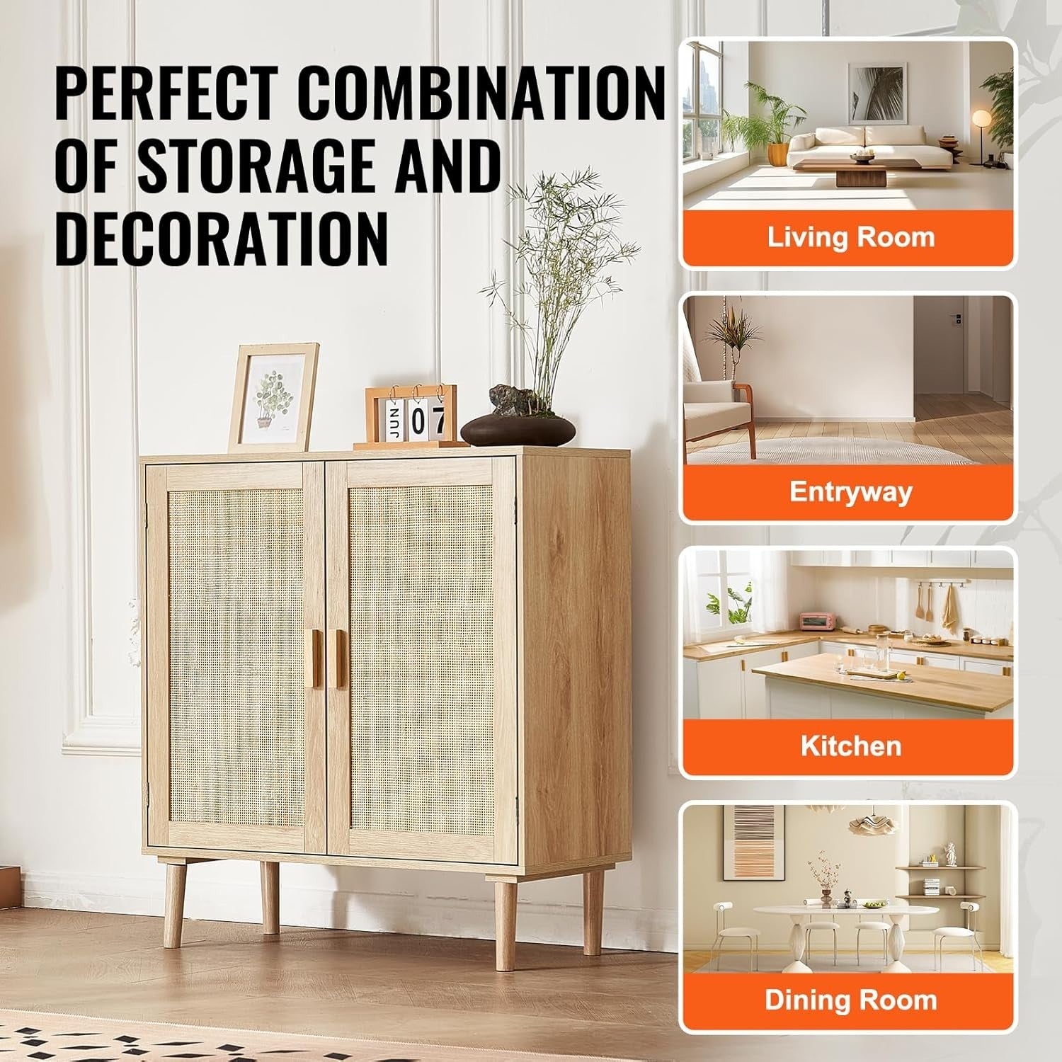 Rattan Storage Cabinet Sideboard Unit 2 Door Adjustable Shelf Boho Style