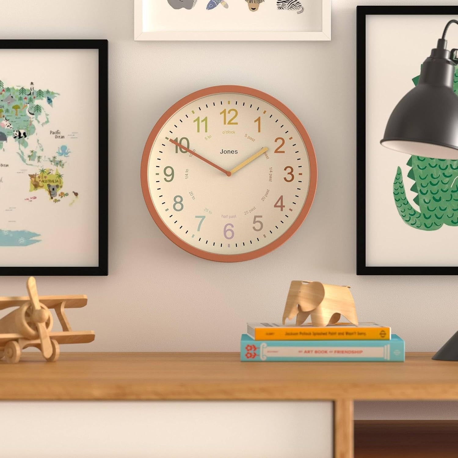 Modern Kids Wall Clock 25cm Silent Quartz Nursery Clock Terracotta Orange