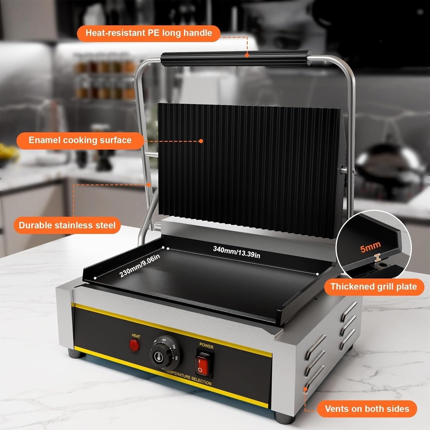 Commercial Panini Press 42.8x31x19.2cm Cast Iron Grill Sandwich Maker single rib