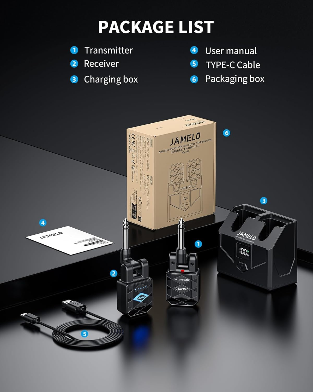 Wireless Guitar System 4 Channels 15H Playtime Rechargeable