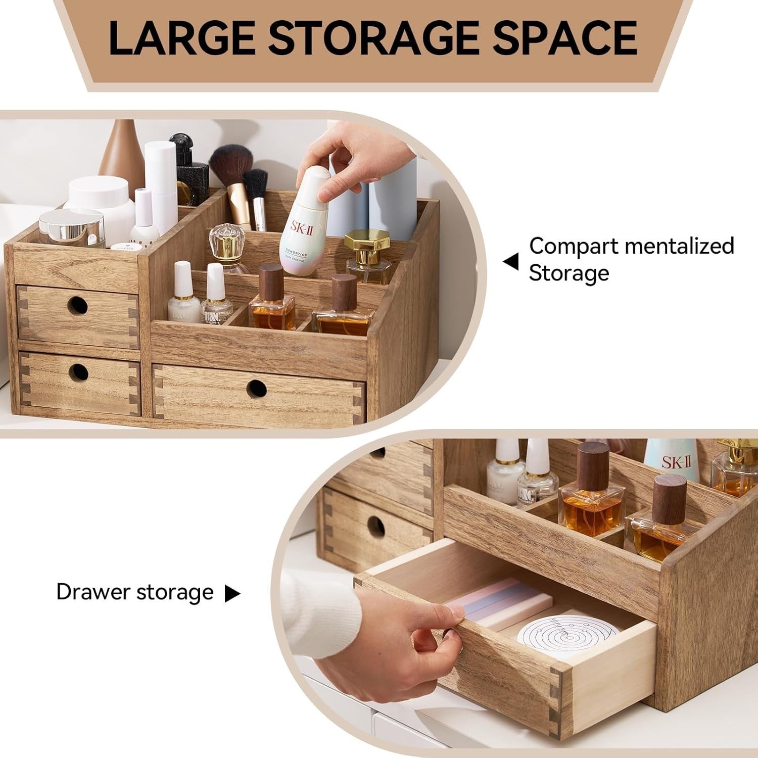 Large Wooden Makeup Organizer with 3 Drawers & 8 Compartments – Cosmetic Storage