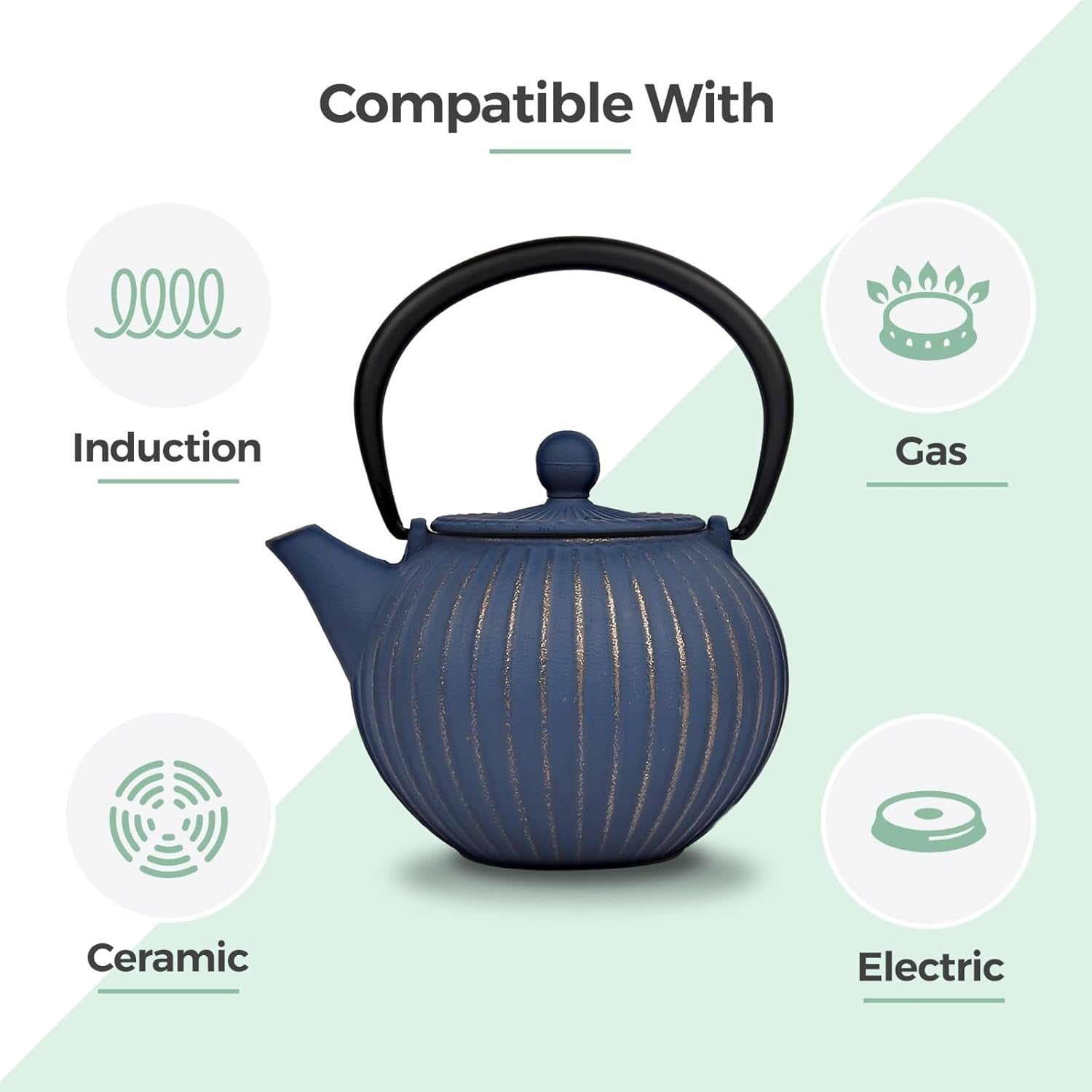 Cast Iron Teapot 500ml Tea Pot w/ Infuser Blue Gold Tetsubin Style