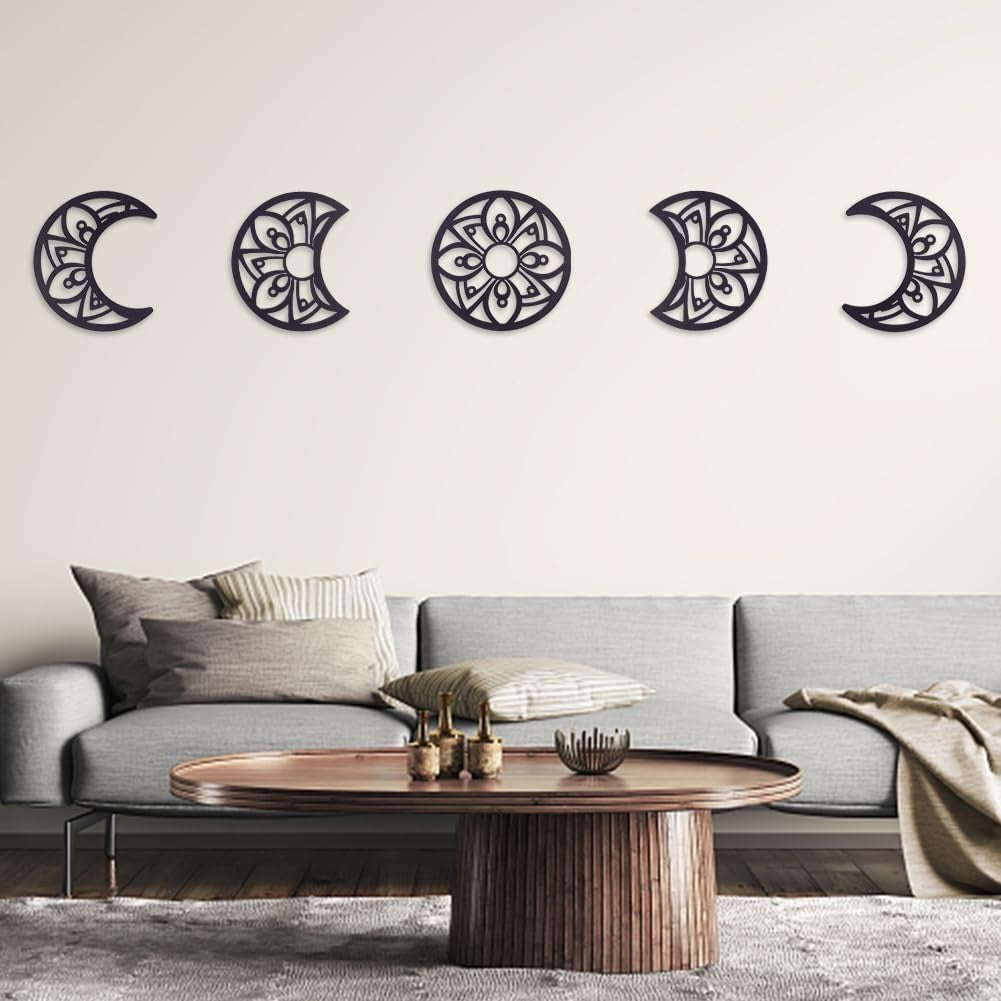 5pcs Moon Phase Wall Decor Boho Wood Flower Hanging Art Black