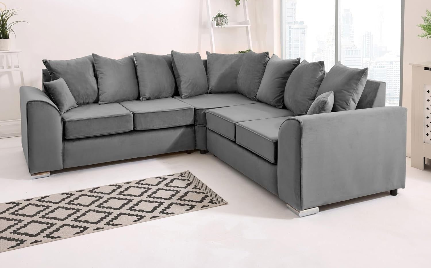 Grey Plush Velvet 5 Seater Corner Sofa – Scatterback Foam Cushions & Chrome Feet