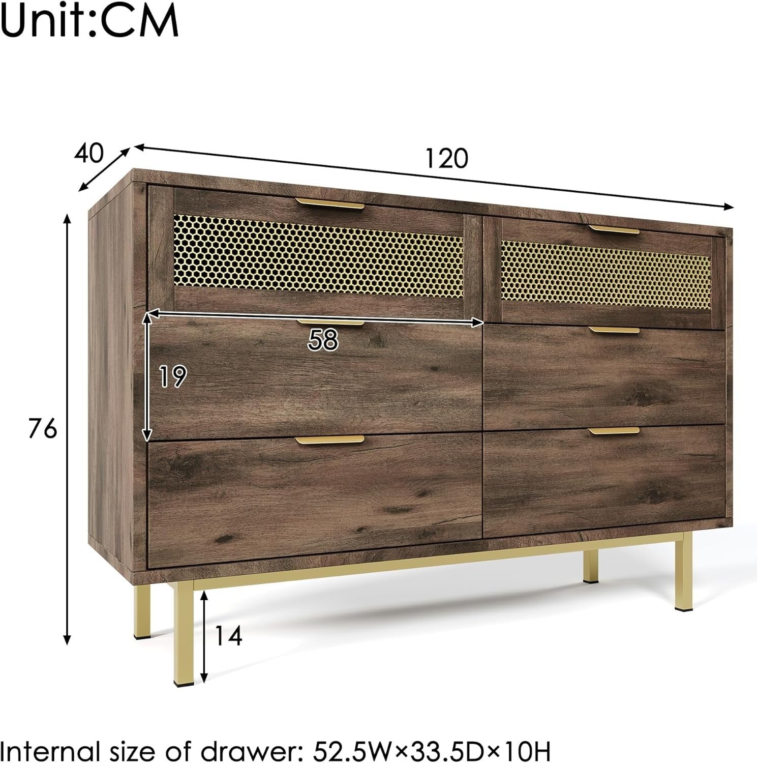 Wood Sideboard Cabinet 120cm 6 Drawer Storage Unit Metal Legs Modern Hallway