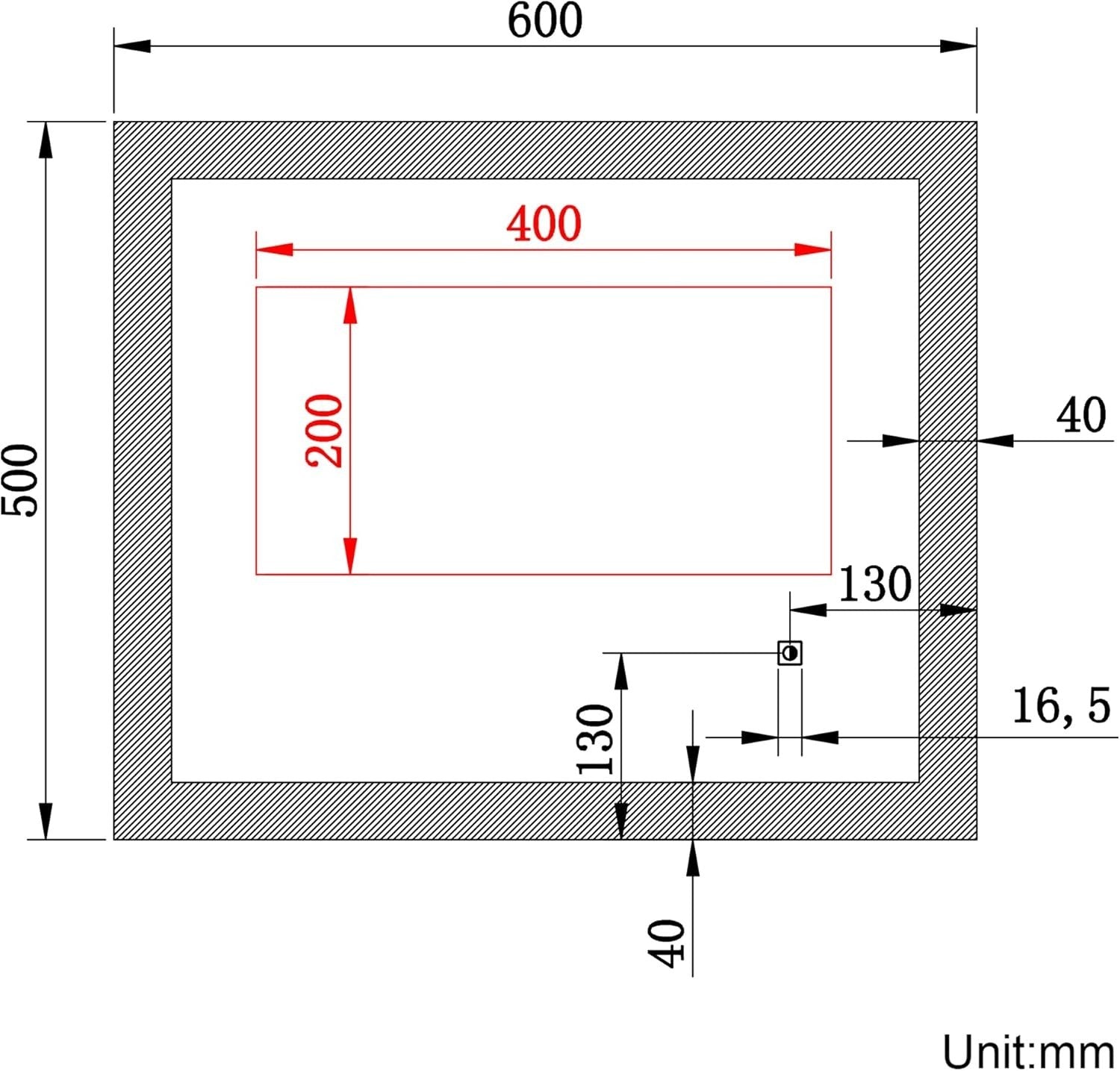 LED Bathroom Mirror 600x500mm Wall Mounted, Anti-Fog, Dimmable Light