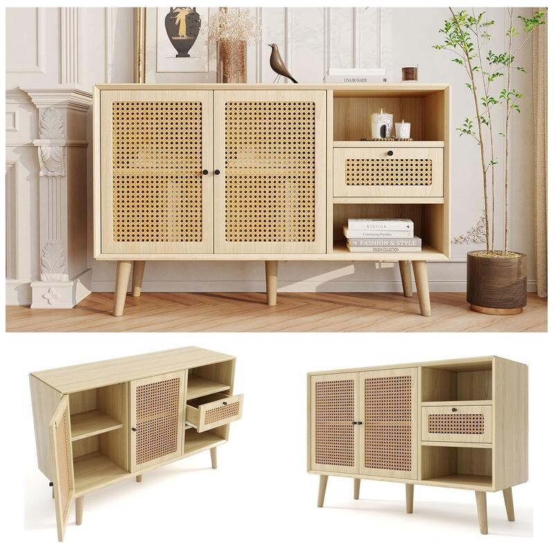 Modern Woven Rattan Sideboard Cabinet Light Wood Nordic Storage Unit