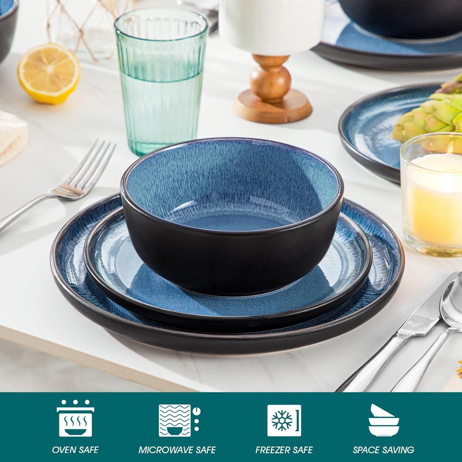 36pc Blue Stoneware Dinner Set Plates Bowls Reactive Glaze Service for 12
