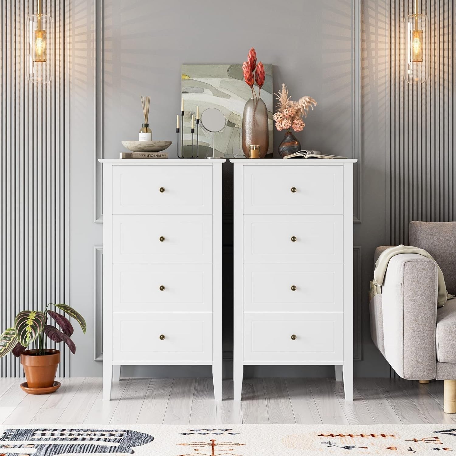 White Chest of Drawers 4 Drawer Tall Narrow Storage Unit Bedroom Modern