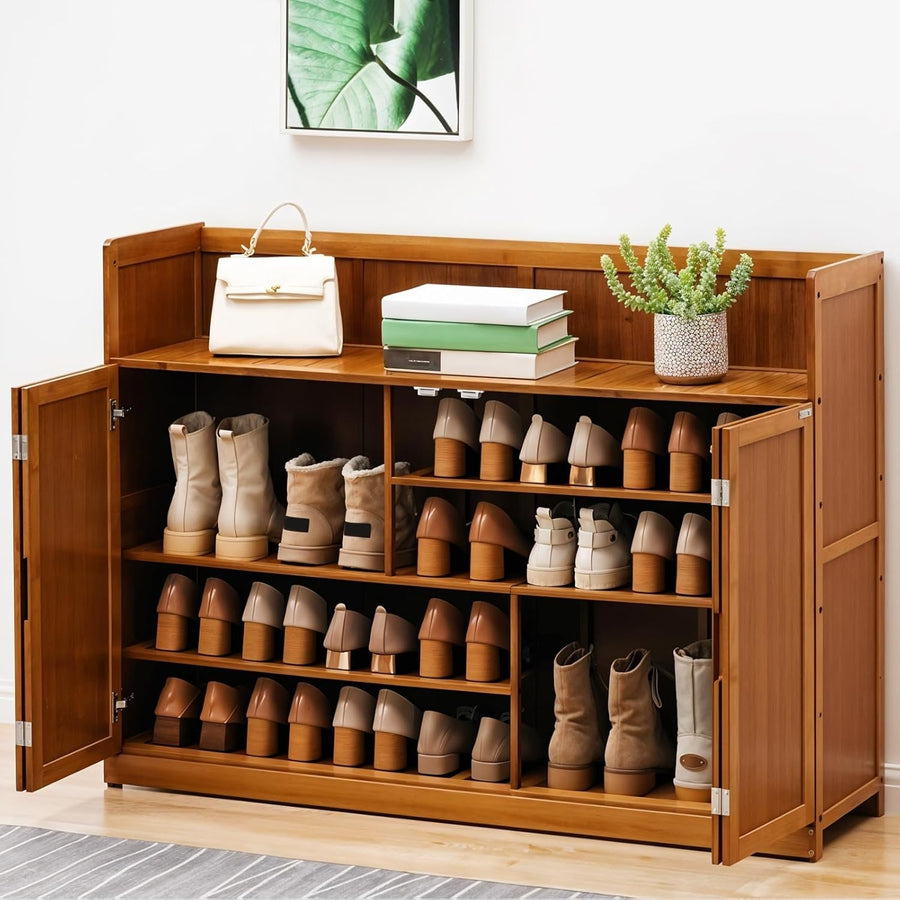 5-Tier Bamboo Shoe Cabinet with Pull-Down Doors, 117x33x85 cm Brown