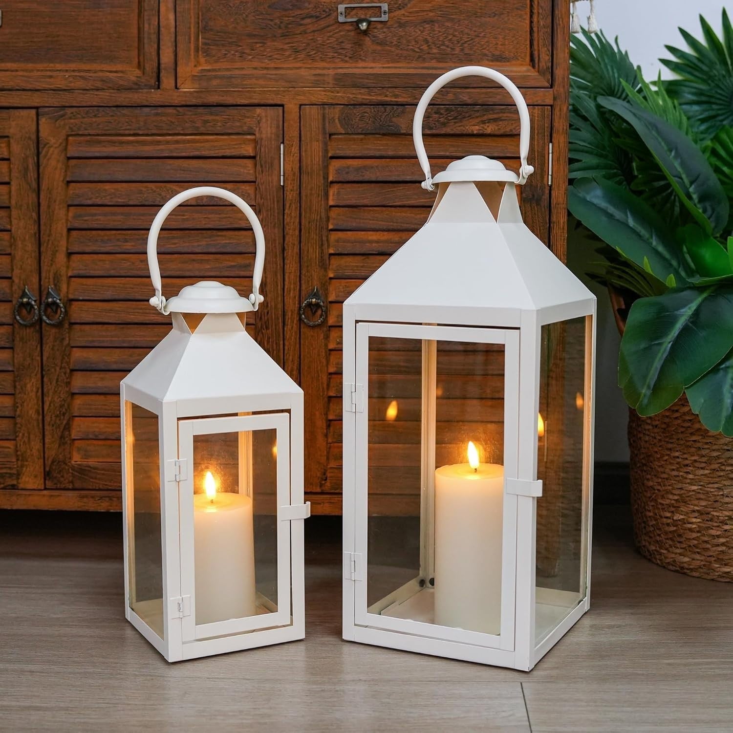 Set of 2 Cream Metal Candle Lanterns Indoor Outdoor