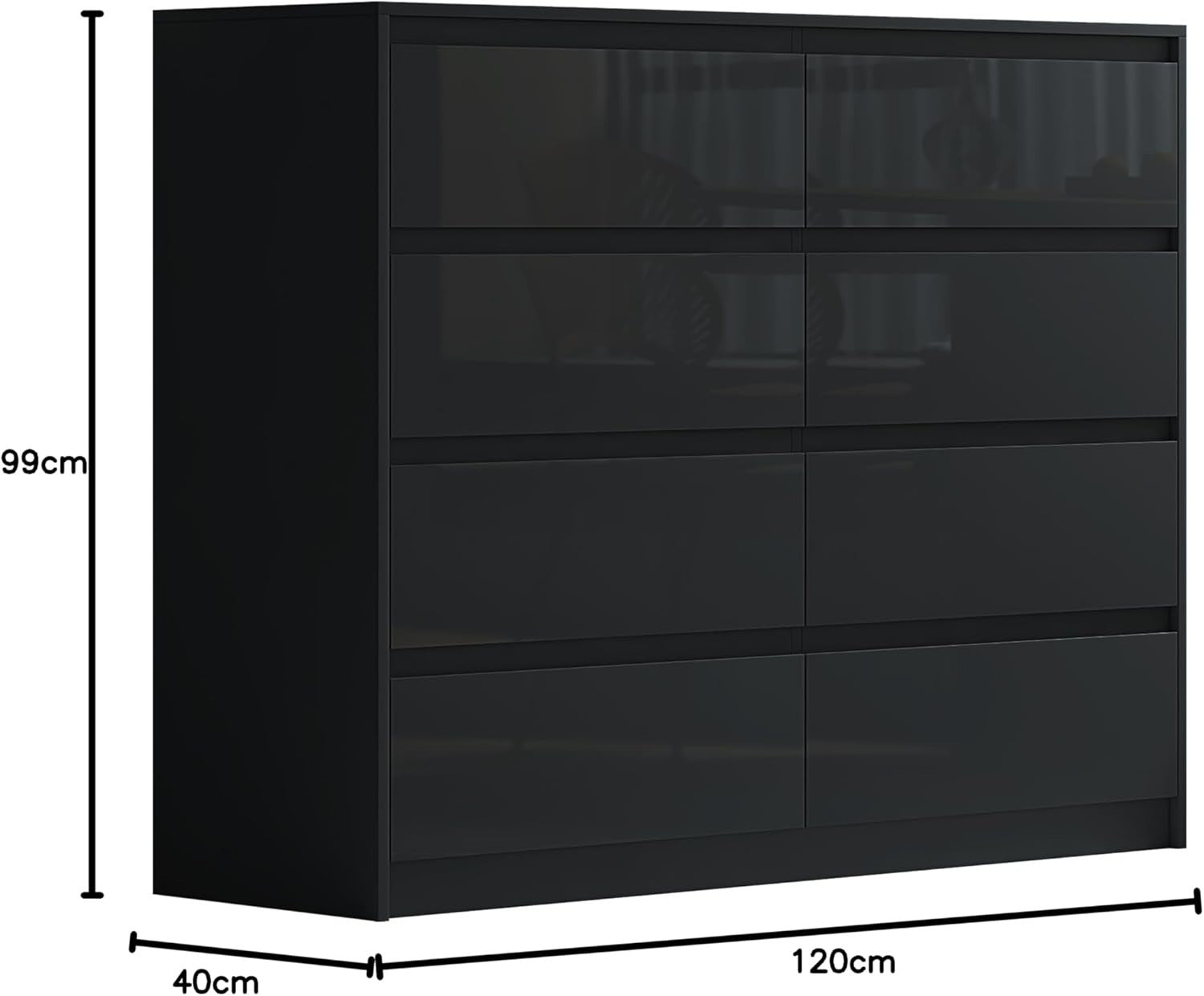 8 Drawer High Gloss Black Sideboard Chest - Modern Storage, Bedroom & Office