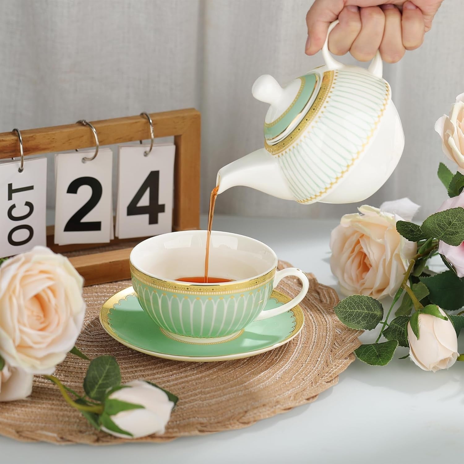 Porcelain Teapot Cup & Saucer Set Green Gold Afternoon Tea Set Gift