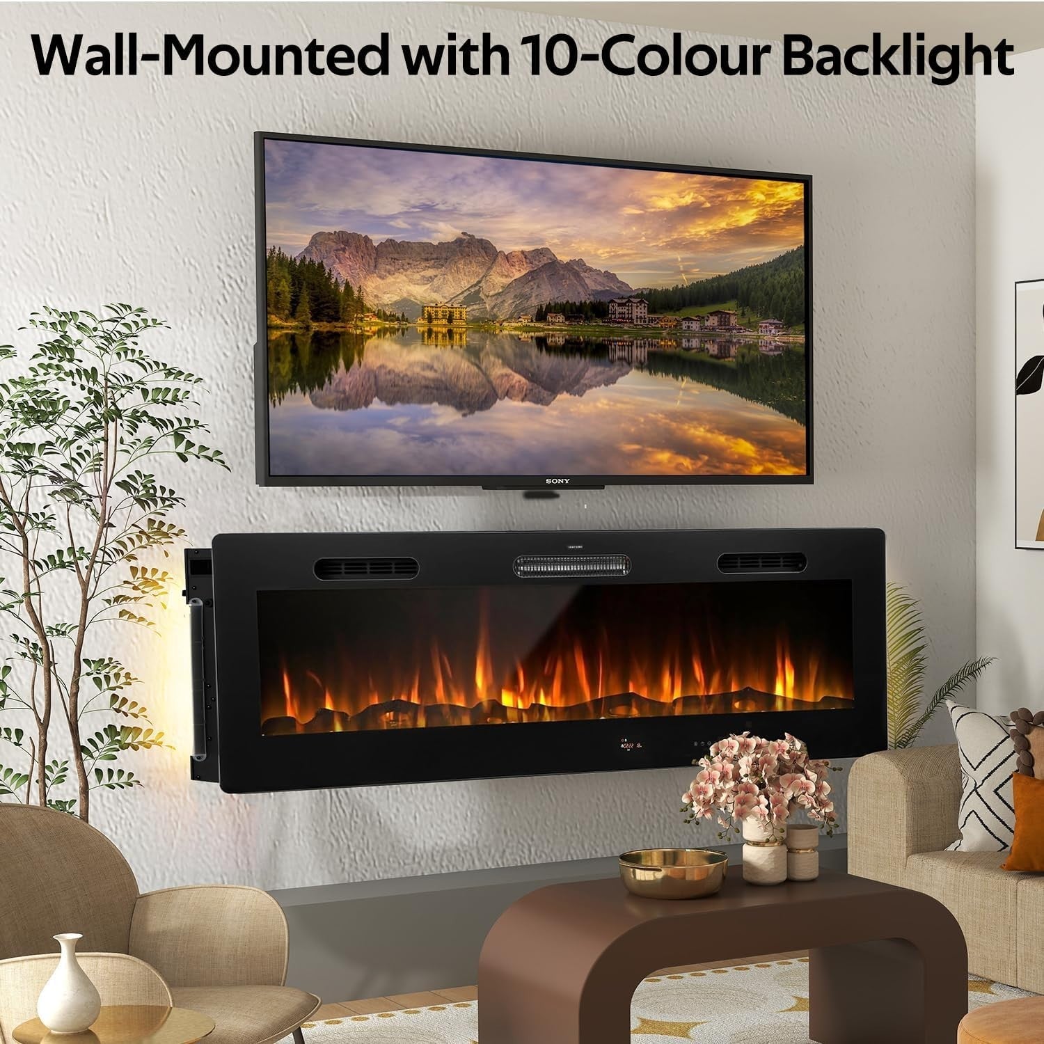 152cm Wall Mounted Electric Fireplace LED Flame Heater Crystal Log