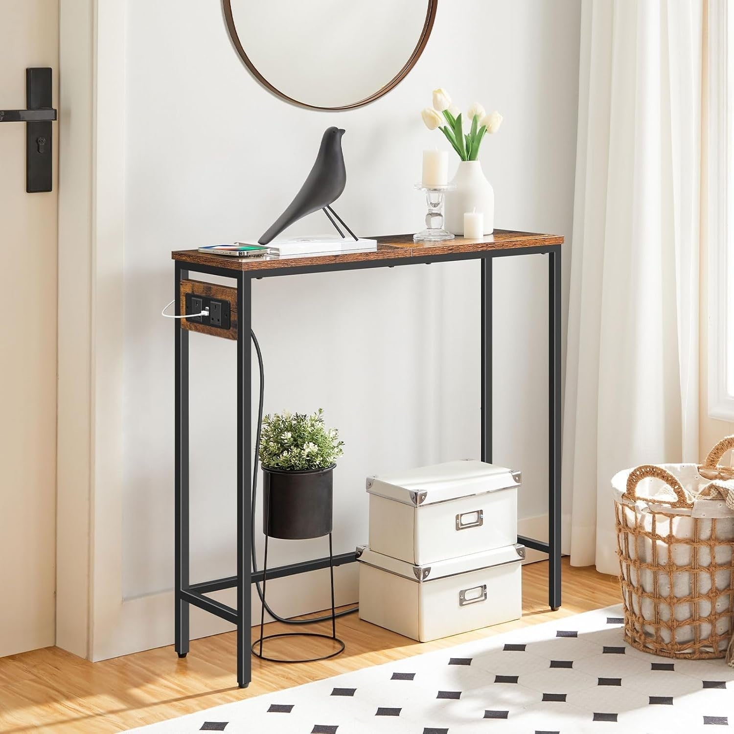 Slim Console Table with Charging Station, Rustic Hallway Desk for Small Space