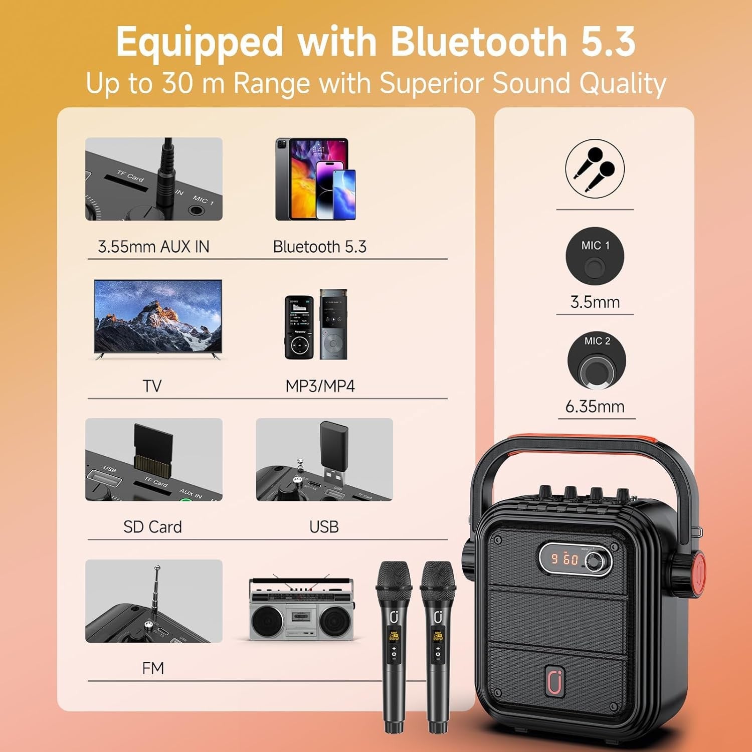 Portable Karaoke Machine 2 Wireless Mics Bluetooth PA Speaker