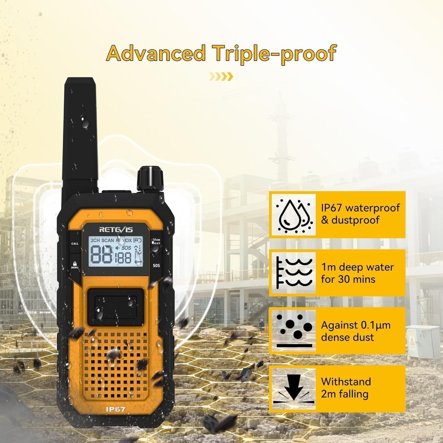 Waterproof Heavy Duty Walkie Talkies IP67 Dual PTT 2000mAh 4 Pack