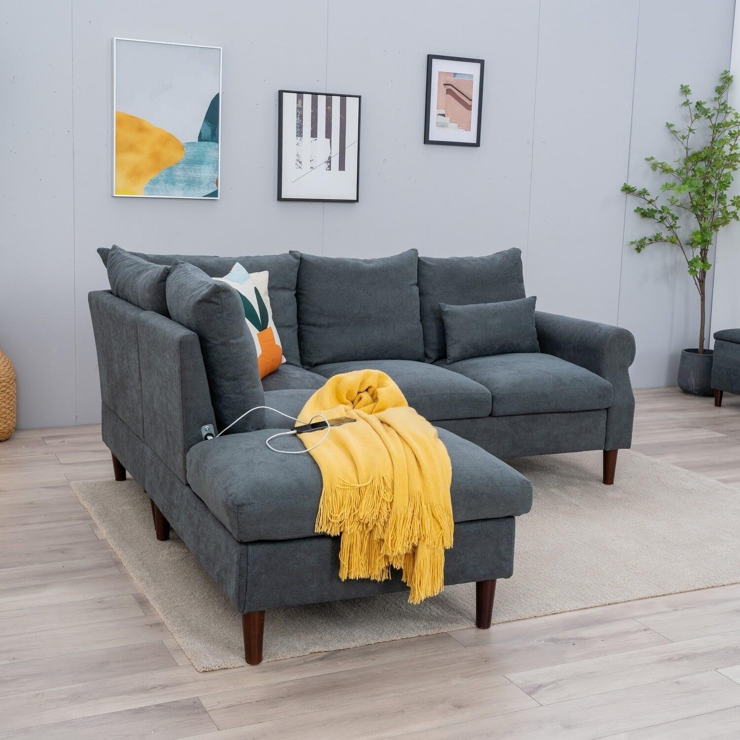 5 Seater Corner Sofa with Chaise & USB Charging Port – Grey Linen, 200x195cm