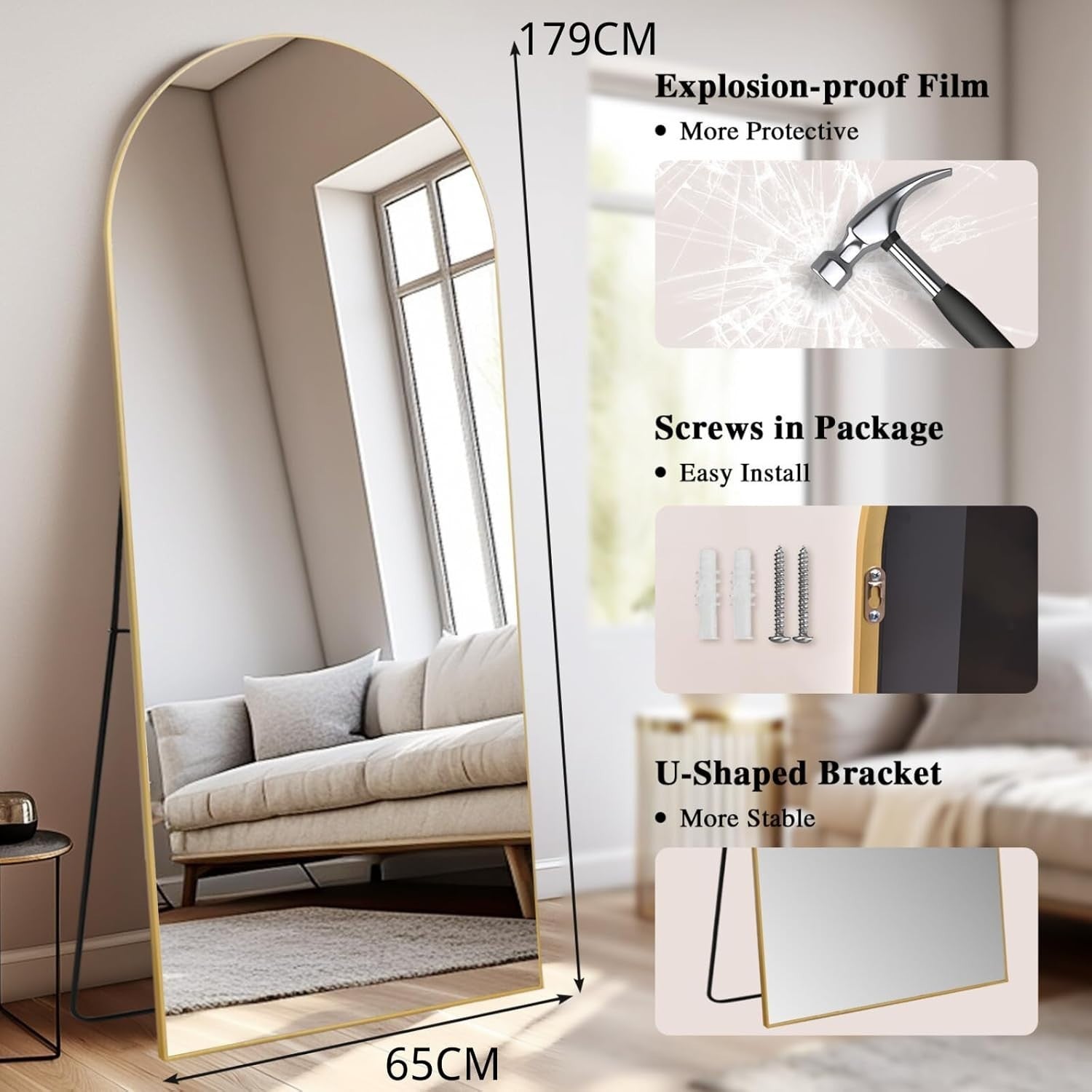 Large Arch Full Length Mirror 179x65cm Wall Leaning Gold Floor Mirror