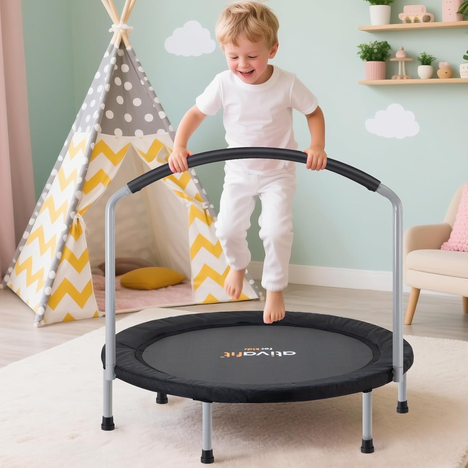 36” Foldable Toddler Mini Trampoline Quiet Indoor Outdoor w Foam Handle