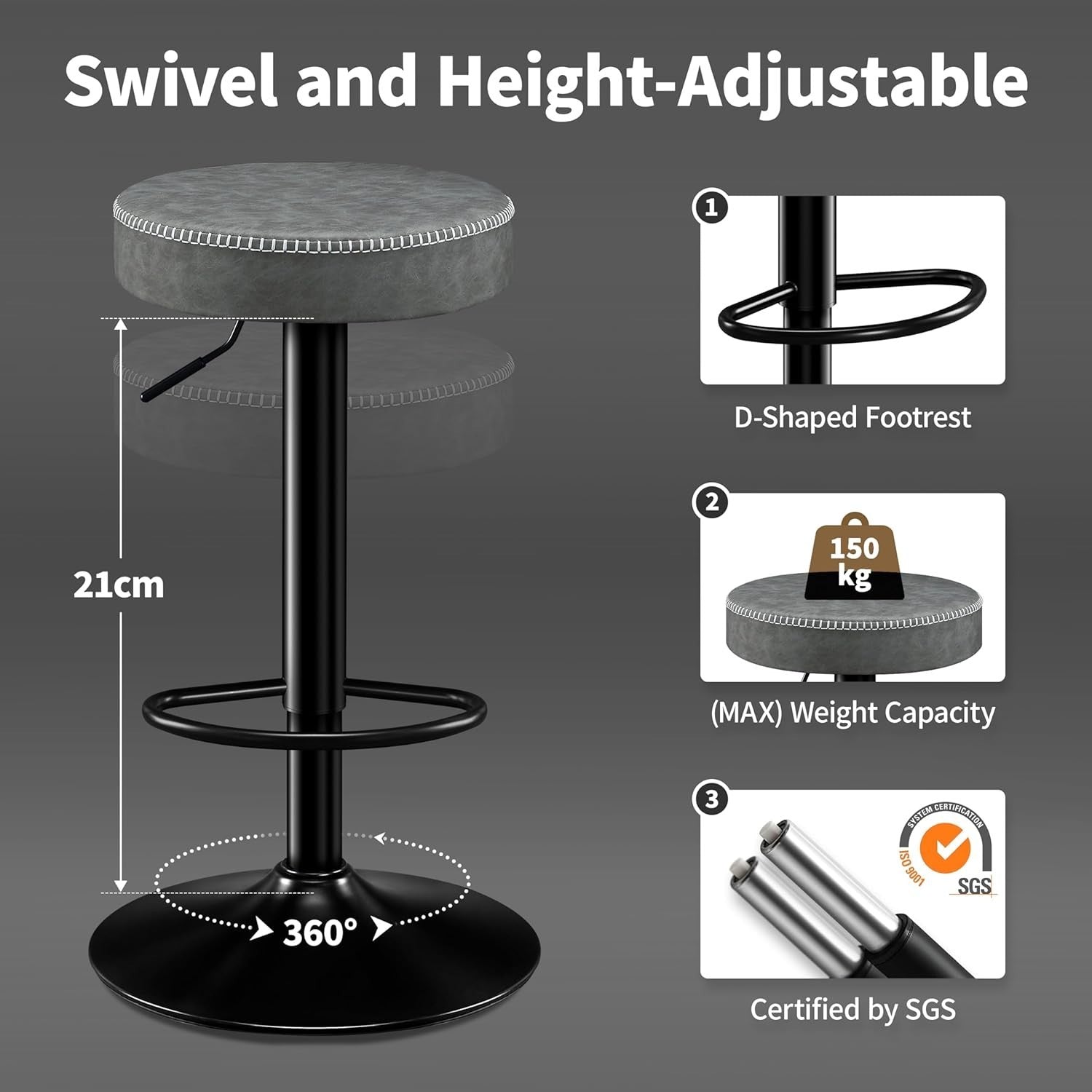 Adjustable Grey Bar Stools Set of 2 Swivel Faux Leather 36x36x85.5cm
