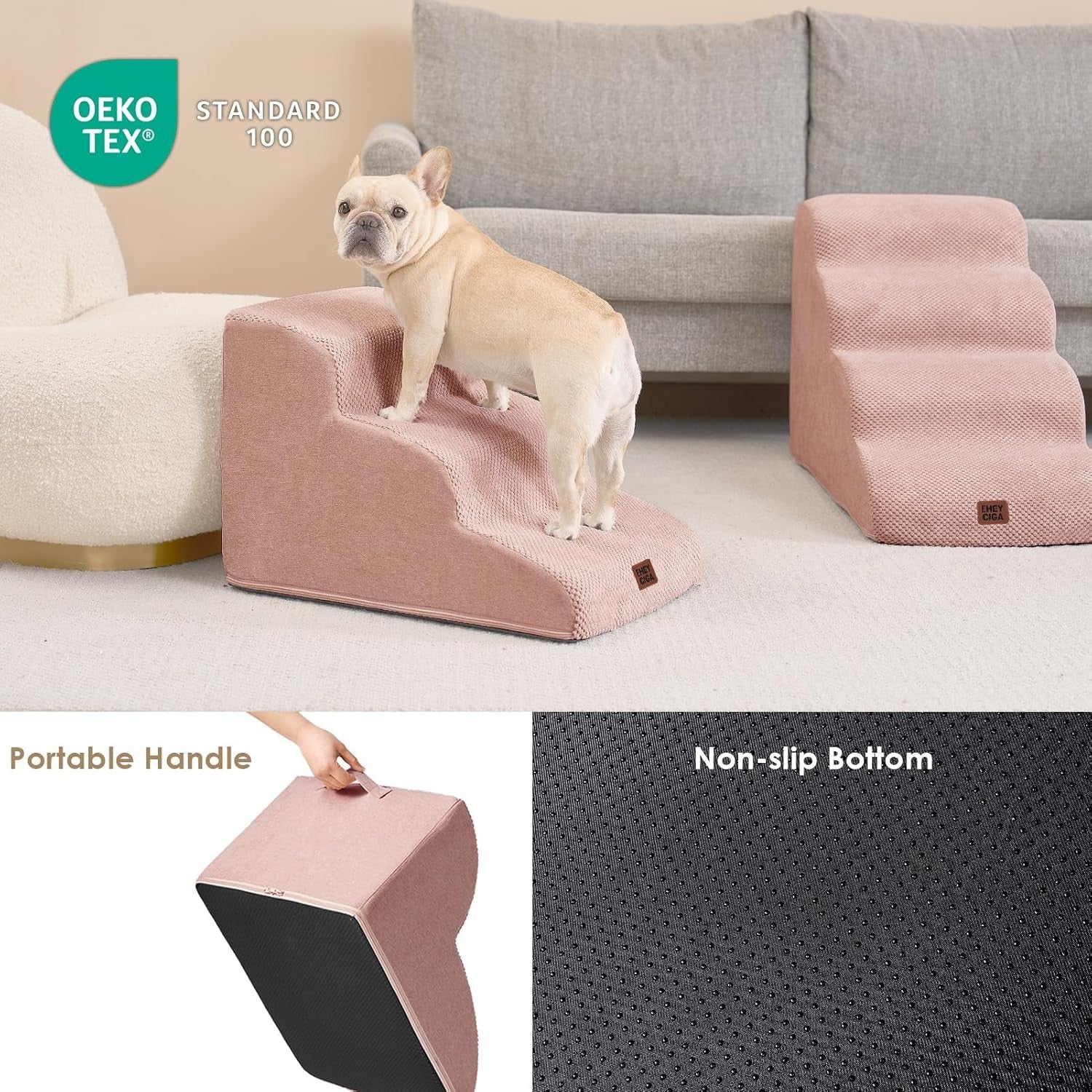 3 Step Dog Stairs for Bed Non Slip Foam Pet Steps Dusty Pink