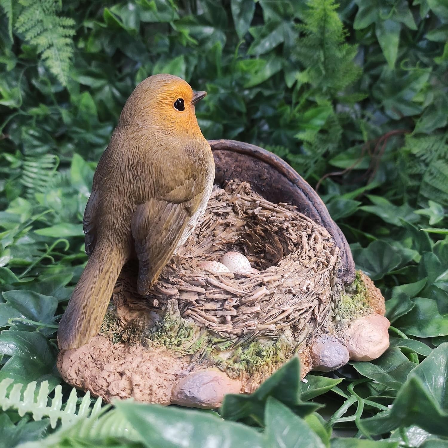 Robin Bird Ornament on Nest with Eggs • Realistic Garden Lawn Decor 16cm