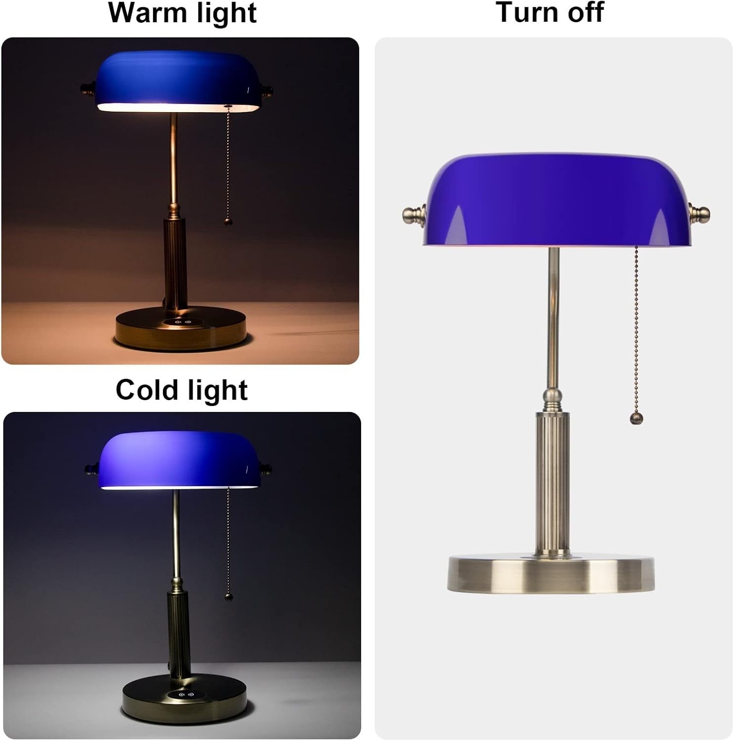 Blue Glass Desk Lamp with Wireless Charger & USB Port, Retro Style